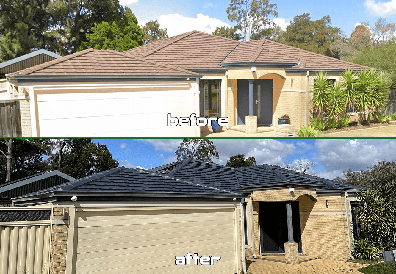 A before and after picture of a terracotta roof done by roof restorers perth