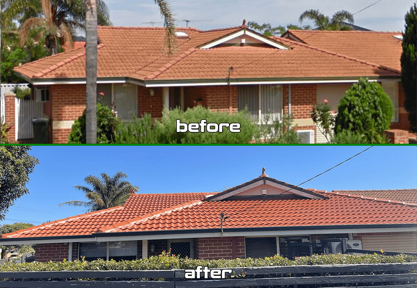 A before and after picture of a dark terracotta roof done by roof restorers perth