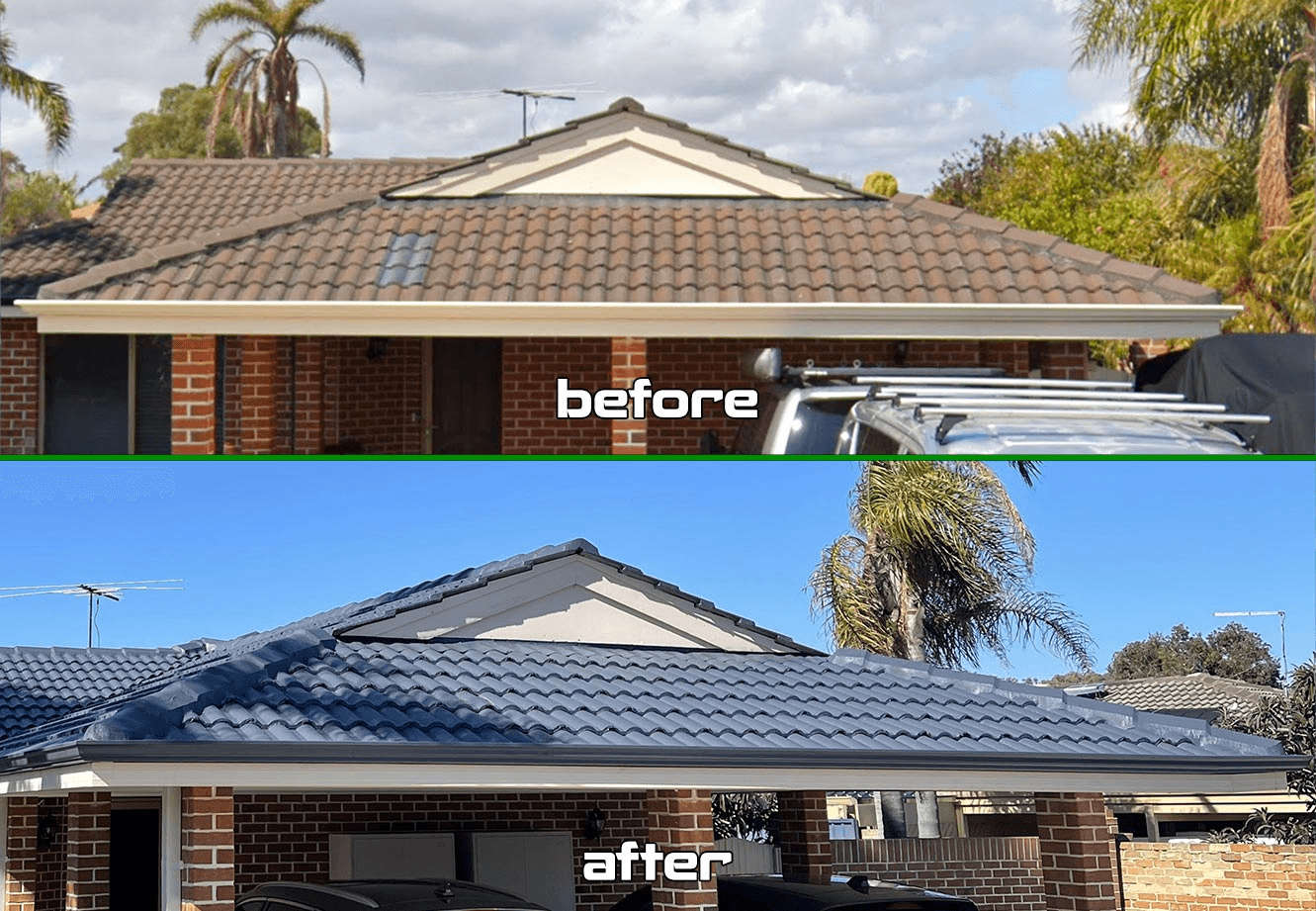 A before and after picture of a colorbond ironstone roof done by roof restorers perth