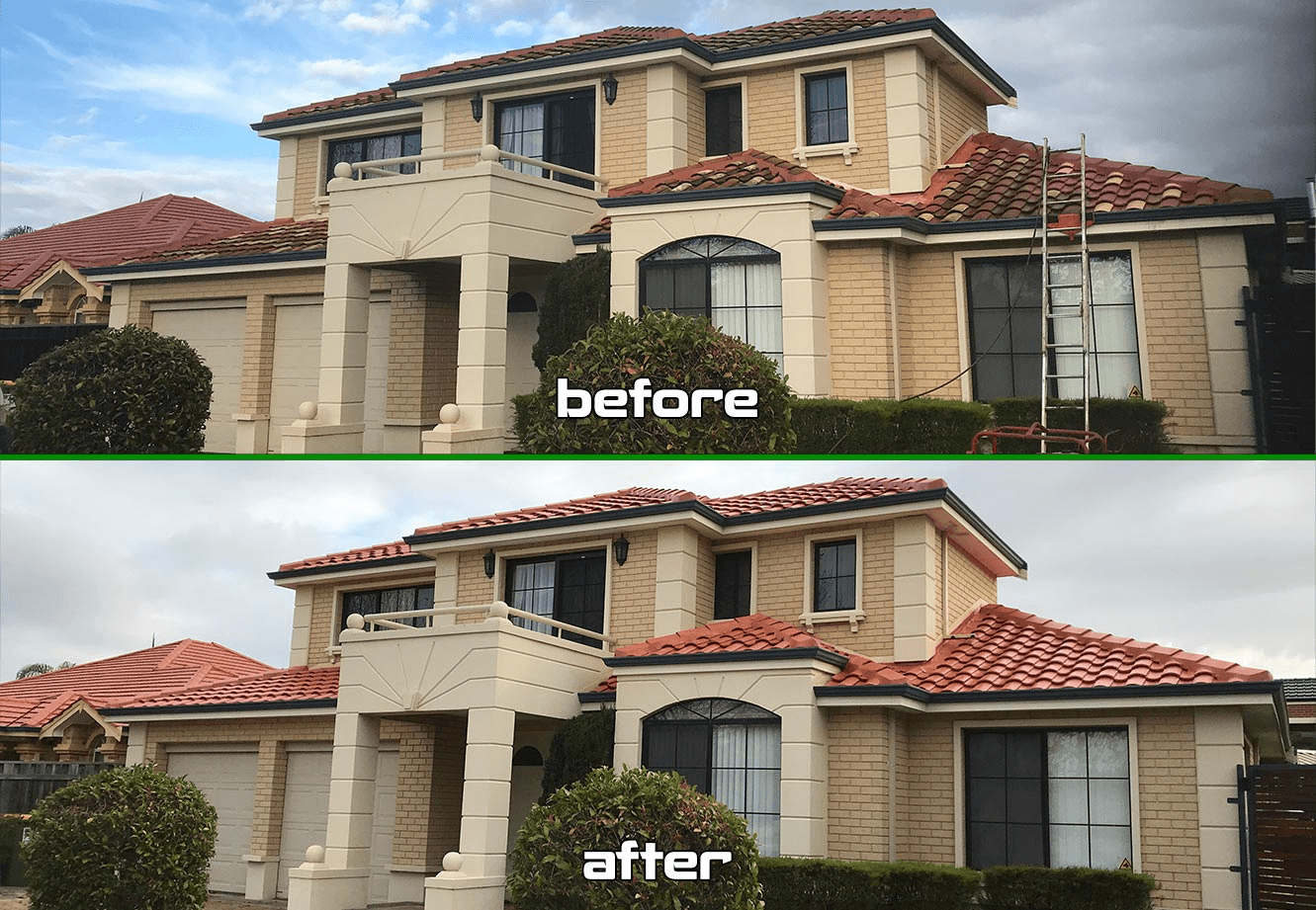A before and after picture of a charcoal roof done by roof restorers perth