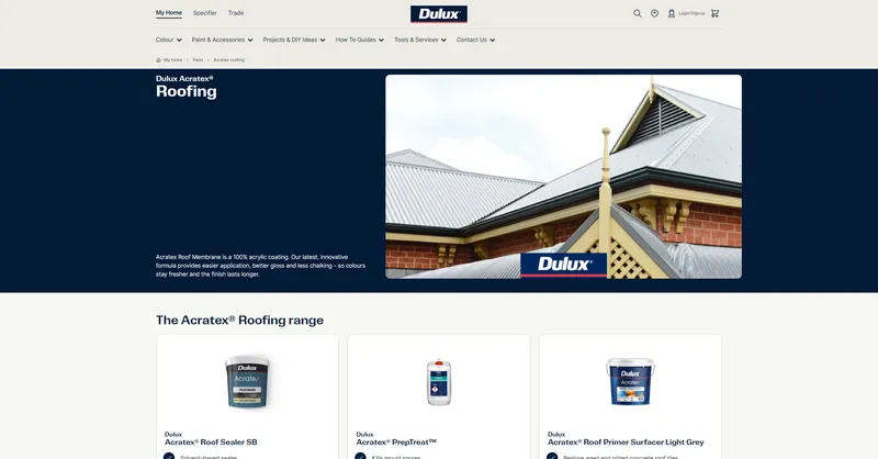 A screenshot of https://www.dulux.com.au/paint/acratex-roofing/
