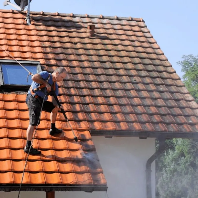 A photo of a roof being cleaned